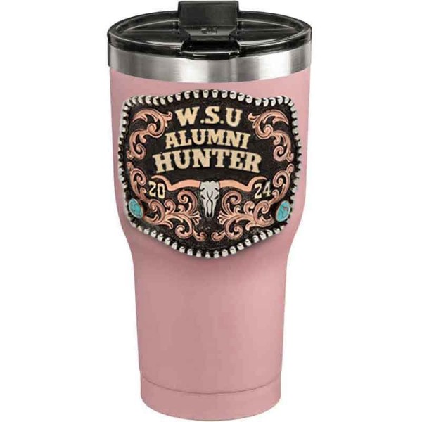 A customized tumbler made of stainless steel with a personalized engraved initials and Alumni Hunter lettering, 30 oz, ideal for coffee or cool drinks